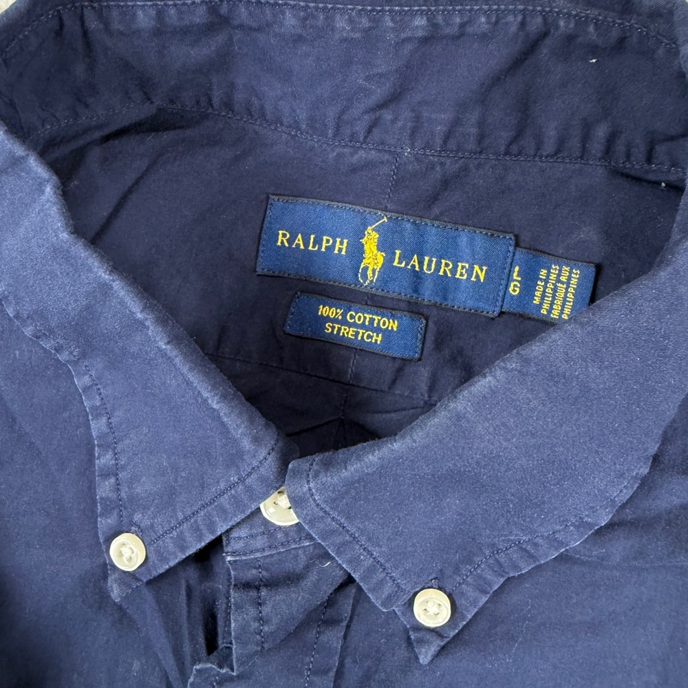 Ralph Lauren Button Down Mens L Navy Blue Cotton Stretch Long Sleeve Shirt - Picture 3 of 6